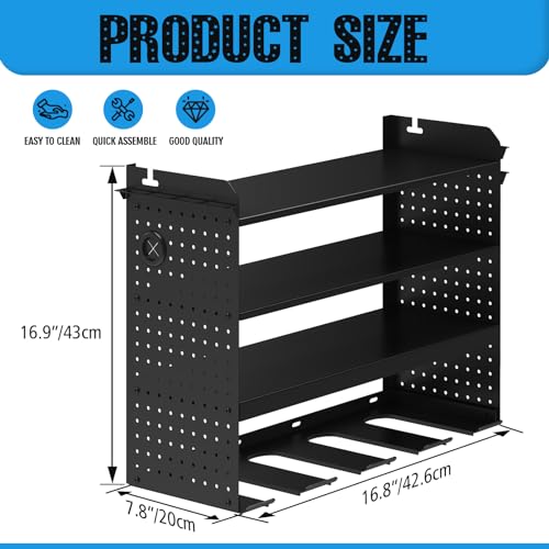 WASAIT Power Tool Organizer with Drill Holders Black Power Tool Storage Rack Wall Mount 4-Tiers Adjustable Height with Wire Holes Pegboard Side