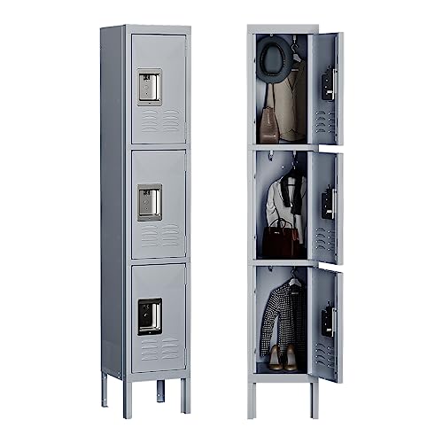 MIIIKO Employee Lockers, Metal Cabinet 3 Doors, Gym Locker with Hooks, 3 Tier Shelves Storage Locker Organizer for School Kids, Home Office Bedroom - WoodArtSupply