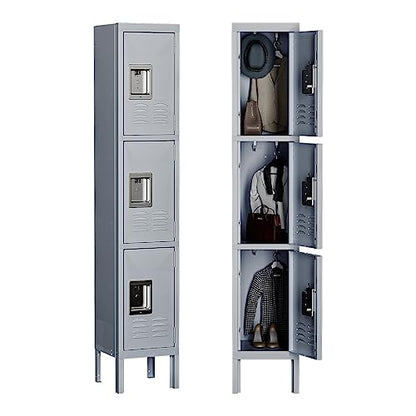 MIIIKO Employee Lockers, Metal Cabinet 3 Doors, Gym Locker with Hooks, 3 Tier Shelves Storage Locker Organizer for School Kids, Home Office Bedroom - WoodArtSupply