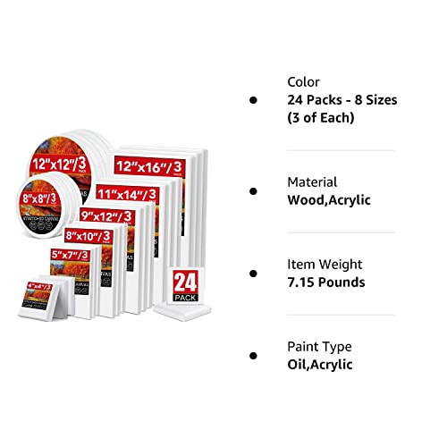 24 Pack Canvases for Painting with 4x4, 5x7, 8x10, 9x12, 11x14, 12x16, Round Canvas with 12x12, 8x8, 3 of Each, Painting Canvas for Oil & Acrylic