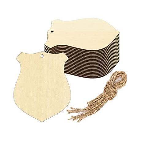Creaides 20pcs Badge Wood DIY Crafts Cutouts Wooden Police Officer Symbol Shield Hanging Sign Ornaments with Hole Hemp Ropes Gift Tags for Wedding Creaides