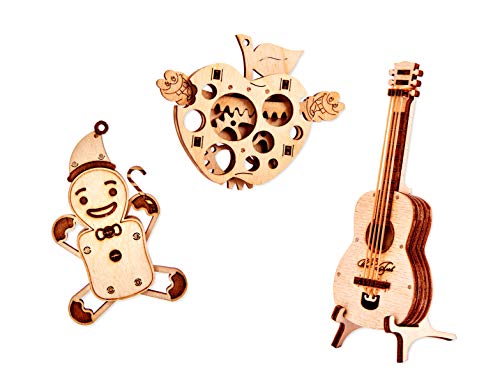 Wood Trick Set of Mini 3D Puzzles - Gingerbread, Guitar, Apple - 3D Wooden Puzzle - Great STEM Project for Beginners Wood Trick