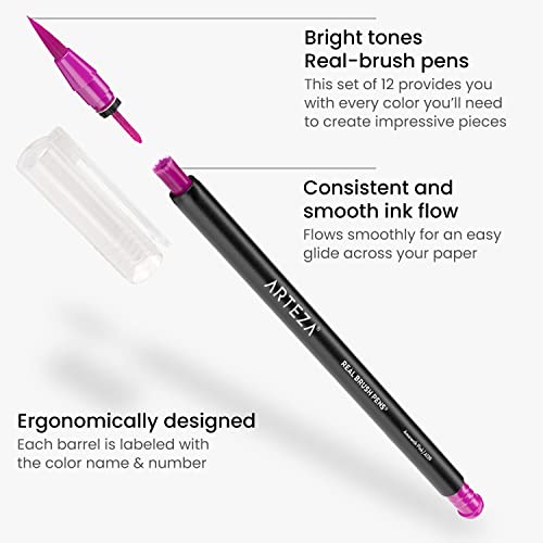 ARTEZA Real Brush Pens, Set of 12, Bright Tones, Blendable Watercolor Markers and 1 Water Brush, Art Supplies for School, Home, and Office ARTEZA