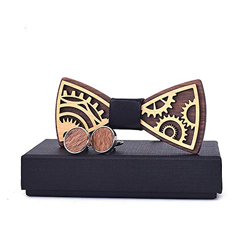 RTFGJ 3D Wooden Fashion Men's Women's Wooden Bow Tie Gear Carving Butterfly Tie Butterfly Shirt Wooden Bow Tie (Color : Black, Size : 59.5cm)
