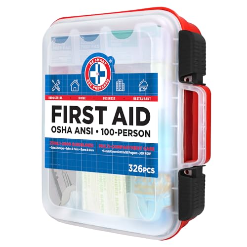 Be Smart Get Prepared First Aid Kit Hard Red Case 326 Pieces Exceeds OSHA and ANSI Guidelines 100 People - Office, Home, Car, School, Emergency, - WoodArtSupply