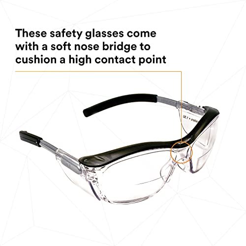3M Safety Glasses with Readers, Nuvo Protective Eyewear, +1.5 Diopter, ANSI Z87, Clear Lens, Retro Gray Frame, Soft Nose Bridge, Side Shields 3M