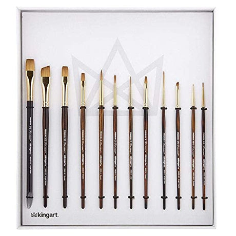 KINGART 1010F Premium 12 Pc. Finesse Series Watercolor Artist Brush Set, Synthetic Kolinsky Sable Blend, Assorted Short Handle Flats, Rounds, Liners, KINGART