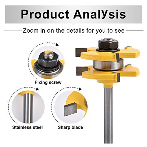 Tongue and Groove Router Bit Set, 2 Pcs 1/4 Inch Shank Router Bit Kits Wood Door Flooring 3 Teeth Adjustable T Shape Wood Milling Cutter Woodworking HOHXEN