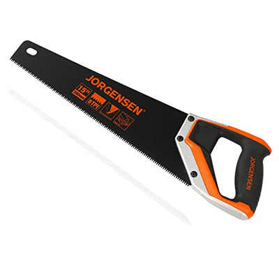 JORGENSEN 15” Hand Saw, Black Coated Coarse Handsaw 8TPI for Wood Cutting, Ergonomic Non-Slip Aluminum Handle for Sawing, Trimming, Gardening,