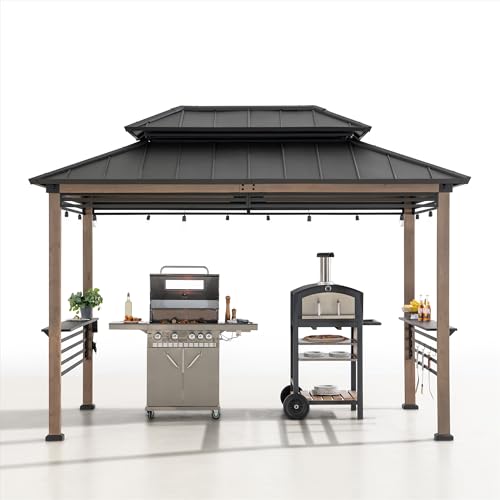 Sunjoy Wooden Grill Gazebo with AC Power Port, 8 x 12 ft. Steel Hardtop Outdoor Gazebo for Year-Round Grilling, Cedar Framed Gazebo with Built-in Sunjoy