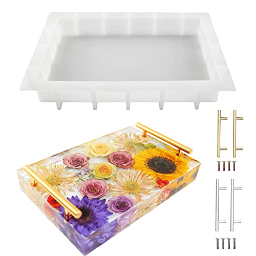 JEYUQAXY Large Silicone Tray Molds for Resin, 13.5"X9.5" Deep Rectangle Epoxy Tray Molds with 4pcs Gold & Silver Handles, Resin Table Mold for River - WoodArtSupply