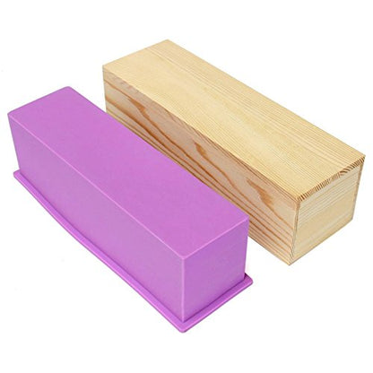Ogrmar Silicone Soap Molds Kit-42 oz Wooden Silicone Soap Rectangular Mold with Stainless Steel Wavy & Straight Scraper for Soap Cake Making (Purple)