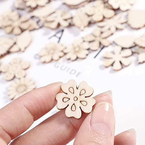 300 Pcs Wooden Embellishments Mixed Flower Leaf Pattern Wooden Scrapbooking DIY Handmade Crafts Children DIY Graffiti Home Decor YOLUFER