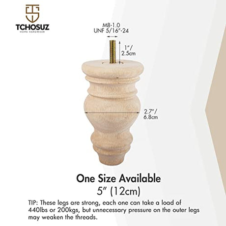 5 inch / 12cm Wooden Furniture Legs, Tchosuz Pack of 4 Unfinished Solid Wood Turned DIY Replacement Bun Feet with M8 Hanger Bolts & T-Nuts or Sofa WoodArtSupply