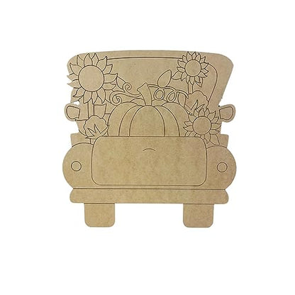 Fall Truck with Pumpkin, Sunflowers and Cotton, Fall Shape, Unfinished Wood Cutout, Paint by Line, Build-A-Cross - WoodArtSupply