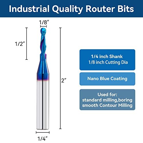CNC Router Bits 1/4inch Shank 1/8inch Cutting Dia Carbide Ball Nose End Mill with Nano Blue Coating for Side Milling End Milling, Finish Machining