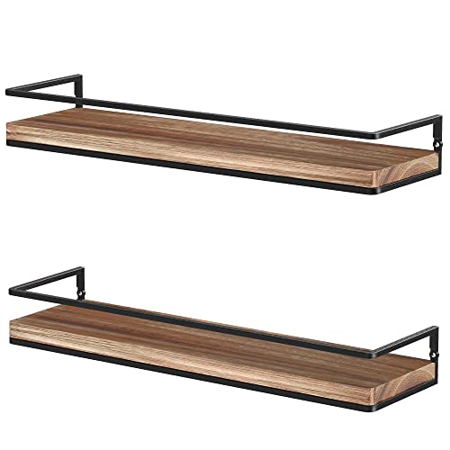 Meangood Floating Shelves Wall Mounted Set of 2, Rustic Wood Wall Storage Shelves for Bedroom,Living Room,Bathroom, Kitchen Torched Wood Meangood