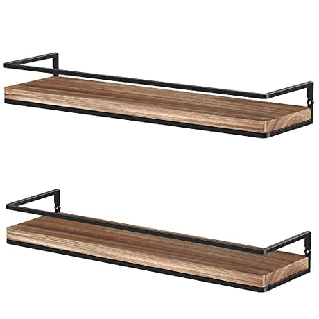 Meangood Floating Shelves Wall Mounted Set of 2, Rustic Wood Wall Storage Shelves for Bedroom,Living Room,Bathroom, Kitchen Torched Wood Meangood