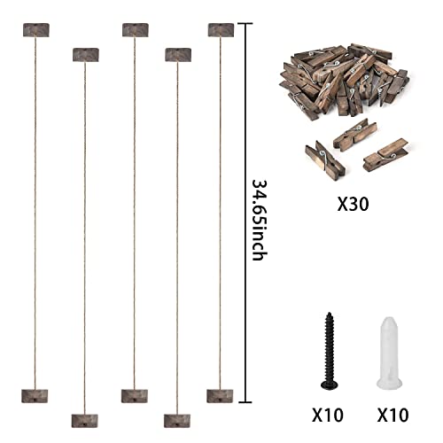 Emfogo Hanging Photo Display, Wood Picture Photo Frame for Wall DIY Decor 5 Strings with 30 Clips, Adjustable Twines fit Multi Pictures Frames Emfogo