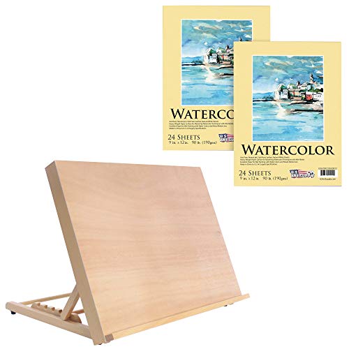 U.S. Art Supply Large 18-1/2" Wide x 14-1/8" (A3) Tall Artist Adjustable Wood Drawing Board Bundle with 2 Packs, 9" x 12" Premium Extra Heavy-Weight U.S. Art Supply