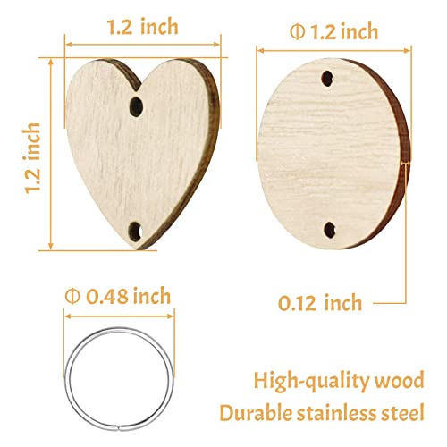 KOYILTD 200 Pieces in Total Wooden Circles Wooden Heart Tags with Holes,Wood Craft Set with Holes and Ring Clips for Birthday Board, Valentine, Chore