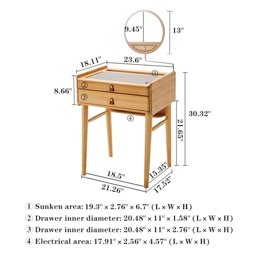 Dressing Table with Mirror and Drawers Bamboo Vanity with Stool Makeup Vanity Table Genuine Leather Handles Comfortable to Touch Silent Slide No QQB