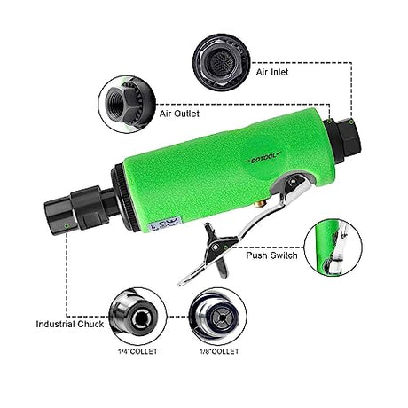 DOTOOL 1/4" Air Die Grinder Kit Straight Pneumatic 28000 RPM Rear Exhaust Polisher with 1/4"(6MM) and 1/8"(3MM) Collets Mini and Compact Size, DOTOOL