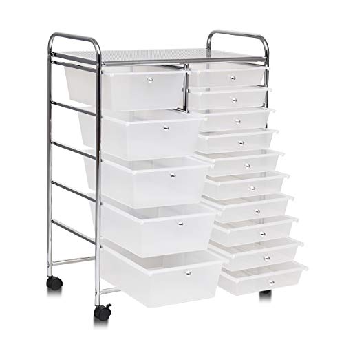 Giantex 15 Drawer Rolling Storage Cart Tools Scrapbook Paper Office School Organizer, Clear Giantex