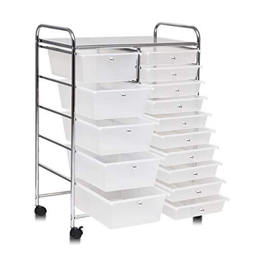 Giantex 15 Drawer Rolling Storage Cart Tools Scrapbook Paper Office School Organizer, Clear - WoodArtSupply