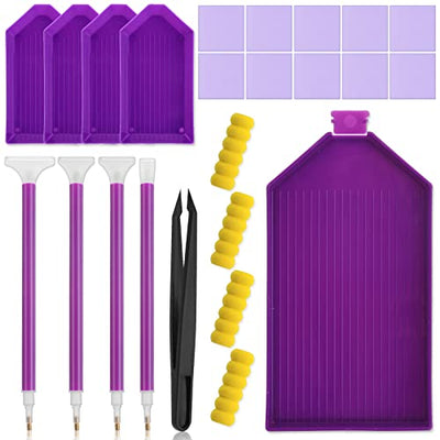 Cobee 25 Pcs 5D Diamond Painting Accessory Set - No Wax Needed Self Stick Drill Diamond Pens+ Tweezers + Small Diamond Storage Trays + Rhinestones