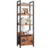 Furologee Rustic Brown 5-Tier Narrow Bookshelf with Drawer – Industrial Wood and Metal Storage Organizer Furologee