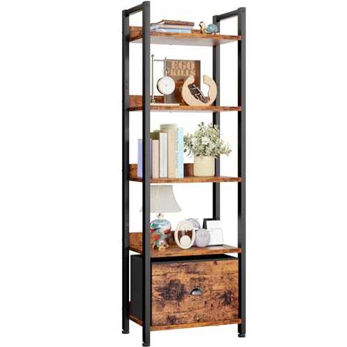 Furologee Rustic Brown 5-Tier Narrow Bookshelf with Drawer – Industrial Wood and Metal Storage Organizer - WoodArtSupply