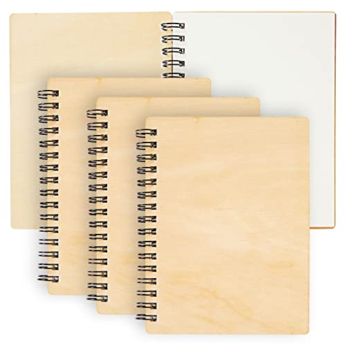 4 Pack Wooden Cover Notebook, Spiral Bound Unruled Plain DIY Craft Journal for Students, Sketches, Writing, Arts and Crafts, Note Taking, 20 Sheets Juvale