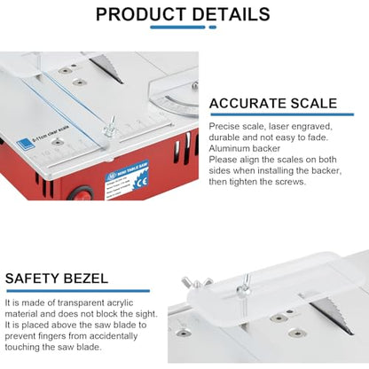 Mini Table Saw Small Precision Hobby Table Saw, 1/2" Adjustable Cut Depth, w/Chuck, Sanding Disc, 96W Adjustable Speed Power Supply, for