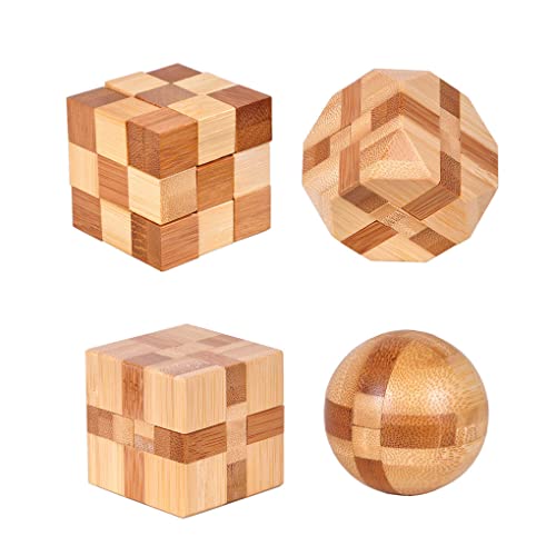 4 Pack Wooden Puzzle Games Brain Teasers Toy- 3D Puzzles for Teens and Adults - Wooden Logic Puzzle Wood Snake Cube Magic Cube Magic Ball Brain