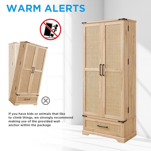 ACCOHOHO 72" Tall Rattan Kitchen Pantry Cabinet with Drawer, Boho Storage Cabinet with 2 Rattan Doors and Shelves, Versatile Large Cabinet for Dining