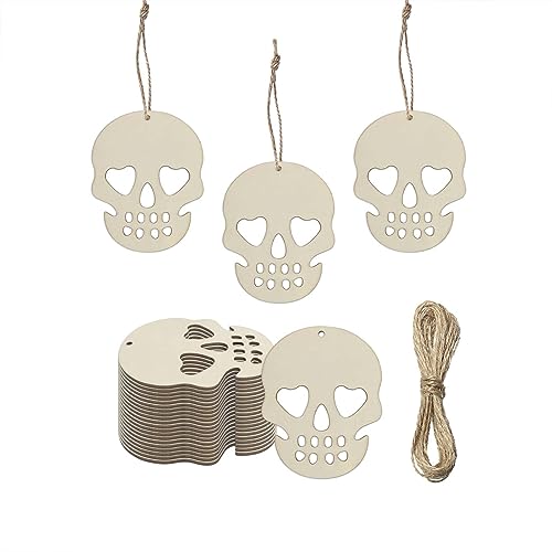 Creaides 30pcs Mini Skull Wood DIY Crafts Cutouts 2" Blank Wooden Skull Shaped Hanging Tags with Jute Twines for DIY Projects Halloween Party