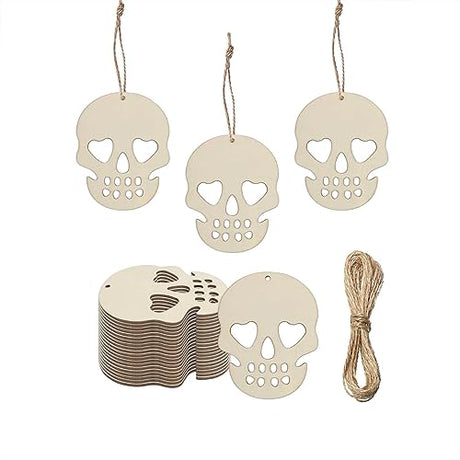 Creaides 30pcs Mini Skull Wood DIY Crafts Cutouts 2" Blank Wooden Skull Shaped Hanging Tags with Jute Twines for DIY Projects Halloween Party Creaides