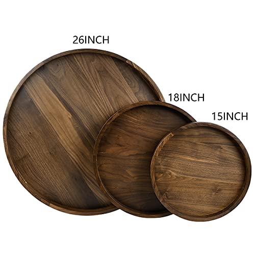 KINGCRAFT 26 x 26 inches Extra Large Round Ottoman Table Tray Wooden Solid Serving Tray with Handle Black Walnut Circle Platter Decorative Tray for Kingcraft
