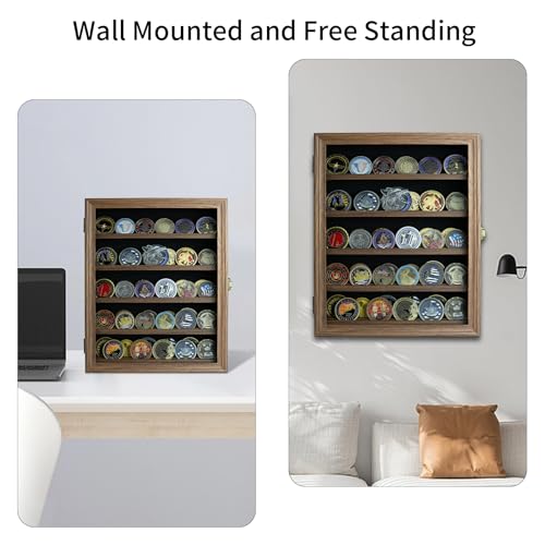 DecoWoodo Military Challenge Coin Display Case with HD Glass Door- 5 Rows Medal Display Case Cabinet Rack Shadow Box with Removable 2 Grooves Shelves DecoWoodo