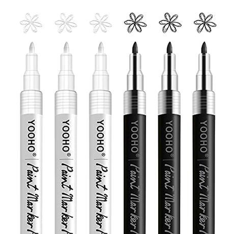 YOOHO Paint Pen White Black Acrylic Marker Set for Rock Wooden Tire Metal Leather Glass Painting, 0.7mm Fine Point Quick Drying (3pcs Black +3pcs YOOHO