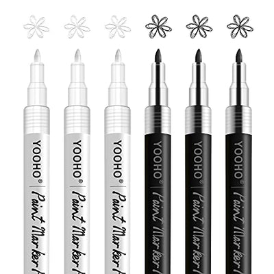 YOOHO Paint Pen White Black Acrylic Marker Set for Rock Wooden Tire Metal Leather Glass Painting, 0.7mm Fine Point Quick Drying (3pcs Black +3pcs