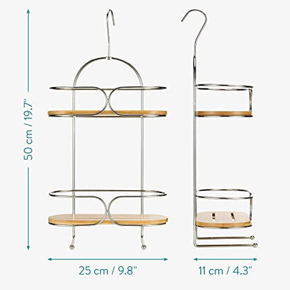 Navaris Bamboo and Metal Shower Caddy - Over Shower Head 2-Shelf Hanging Organizer - Hanger Hook Shelves for Bathroom Showers, Toiletries,