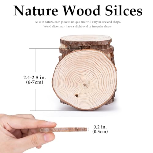 Wood Ornaments, Mathtoxyz Wood Slices 2.4-2.8 Inches 30 Pcs Rustic Unfinished Wood Log Discs Predrilled Wooden Circles for DIY Arts Crafts Halloween Mathtoxyz
