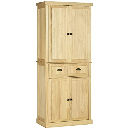 HOMCOM 72" Pinewood Large Kitchen Pantry Storage Cabinet, Freestanding Cabinet with Doors and Shelf Adjustability, Soft-Close Mechanism, Living Room - WoodArtSupply