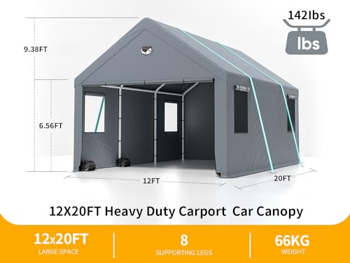 12X20FT Heavy Duty Portable Garage - Extra Large Carport Canopy with Roll-up Windows and All-Season Tarp Cover,Car Tent with Metal Roof and Side - WoodArtSupply