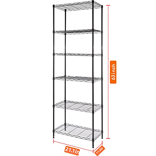 REGILLER 6 Wire Shelving Steel Storage Rack Adjustable Unit Shelves for Laundry Bathroom Kitchen Pantry Closet (21.1L x 11.9W x 64H, Black) - WoodArtSupply