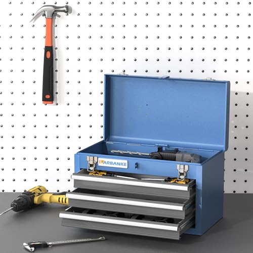LARBANKE Portable Tool Box,with 3 Drawers and Top Storage Tray,Lockable Metal Tool Chest Cabinet,3-Drawer Tool Box with Liner,for LARBANKE