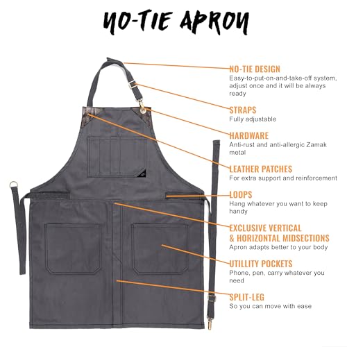 Under NY Sky No-Tie Armor Gray Apron – Durable Twill with Leather Reinforcement, Split-Leg – Adjustable for Men and Women – Pro Barber, Tattoo, Under NY Sky