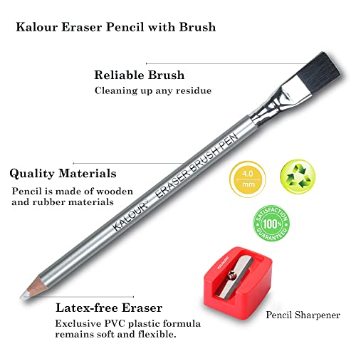 KALOUR Detail Eraser Pencil - 6pc Eraser Pencils with Brush and 2pc Sharpener,Erasing Small Details or Add Highlights for Sketching, Charcoal